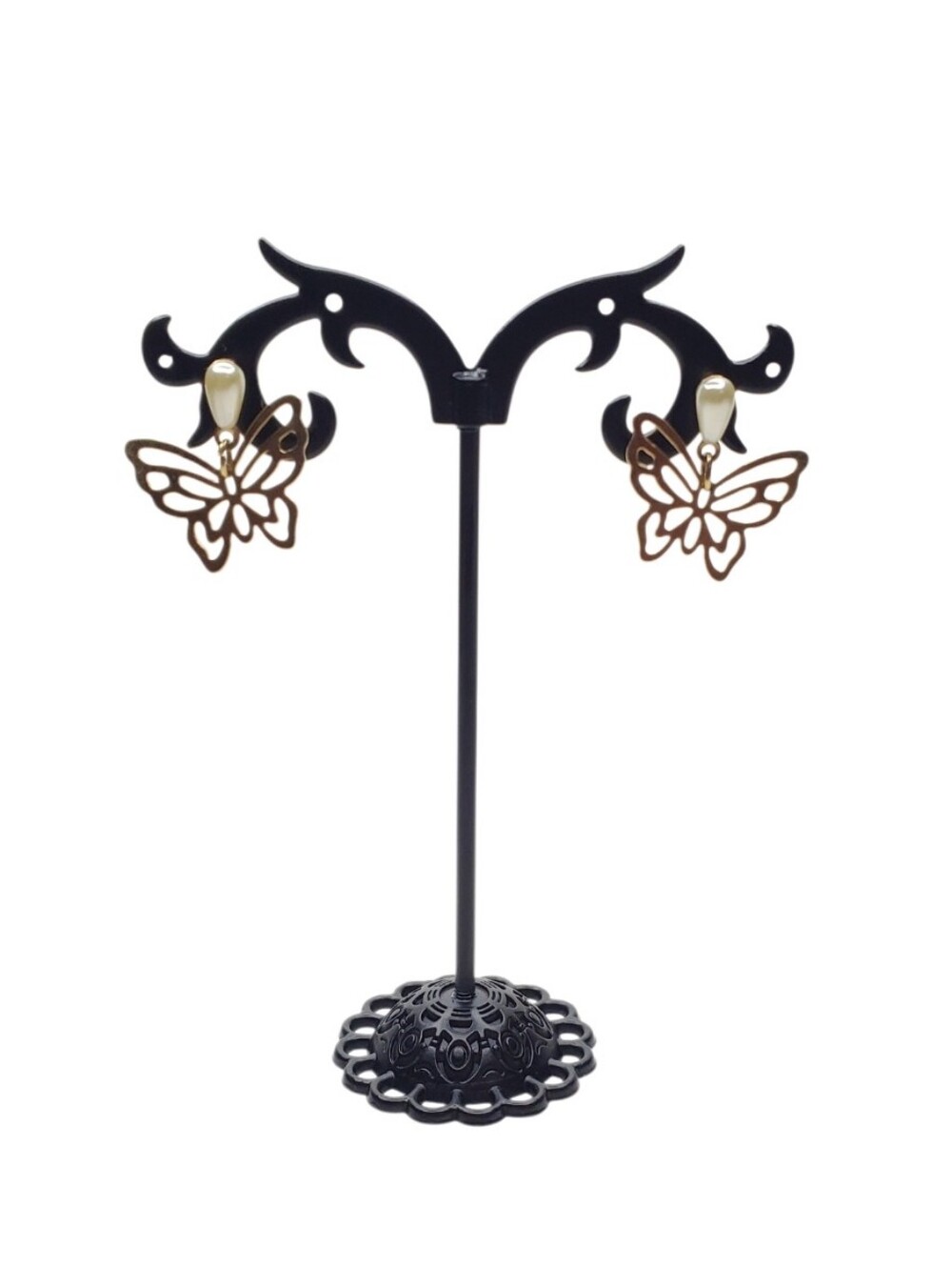 Vtg. Butterfly Faux Pearl Stud Drop Earring